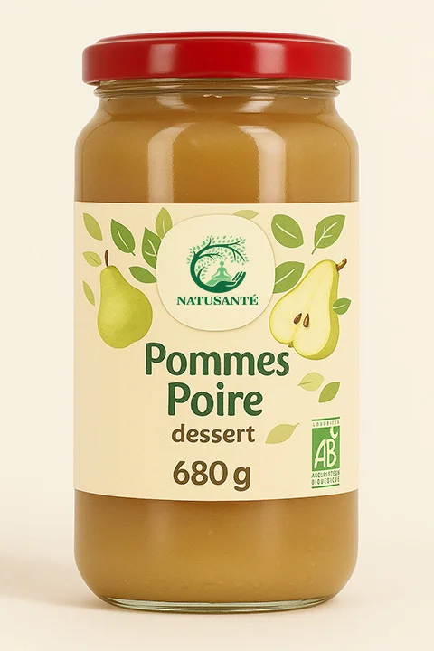 Dessert compote bio pomme de France poire williams