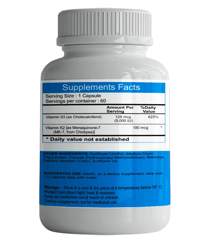 Vitamines D3 + K2. 5000 UI, 60 capsules – Image 3