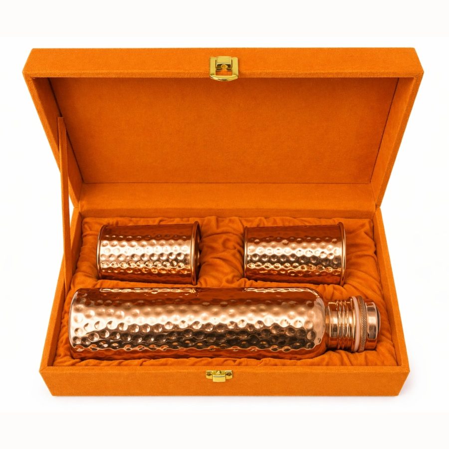Ensemble bouteille en cuivre pur (± 950 ml/300 g) avec 2 tasses martelées (300 ml/100 g) (design robuste, dans un luxueux coffret de rangement en velours) – Image 5