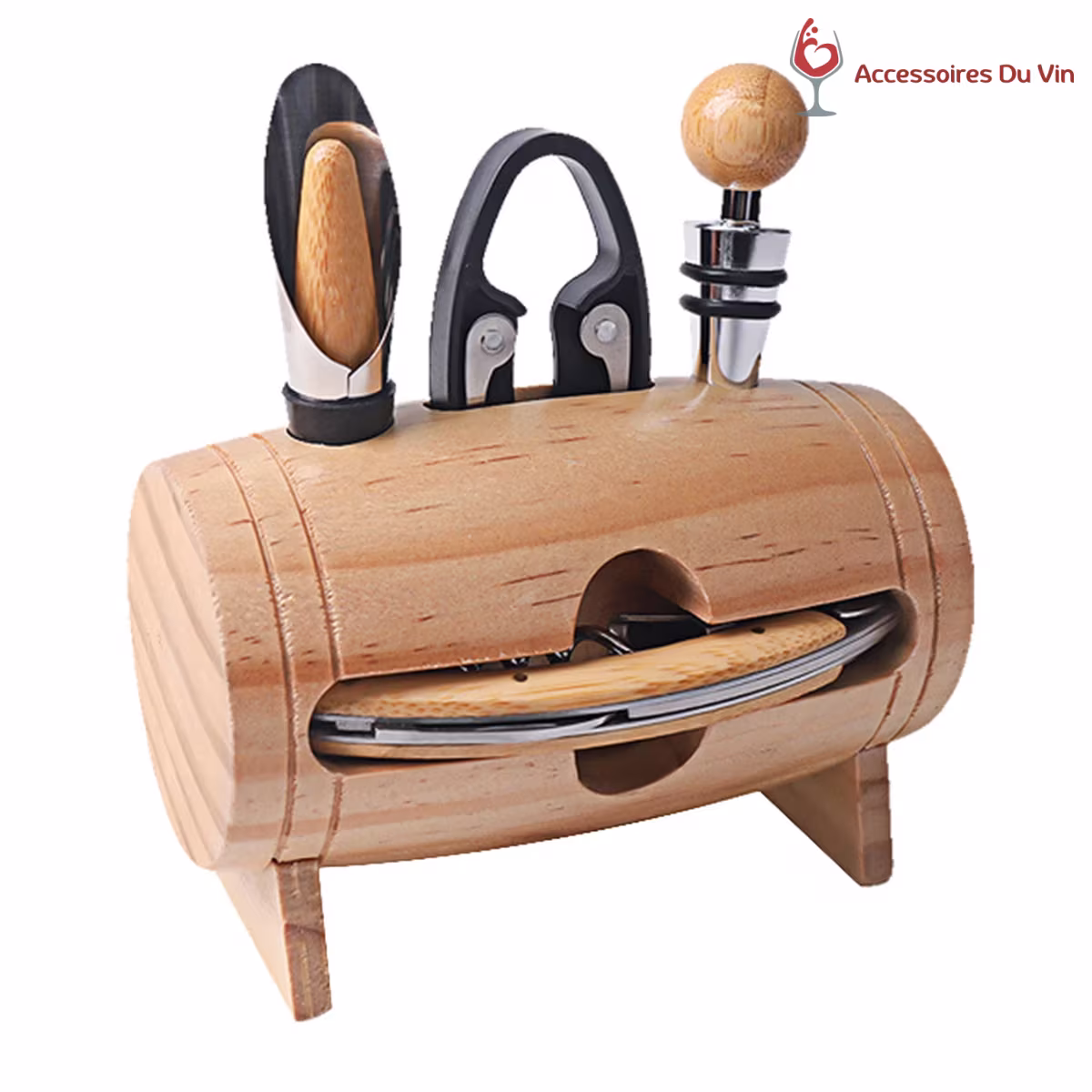 Alternative view of Coffret Accessoires Vin en Bois en Forme de Tonneau